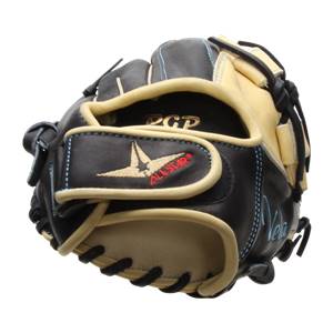 Front view of a black and tan fastpitch glove with ALLSTAR logo and Vela embroidery.