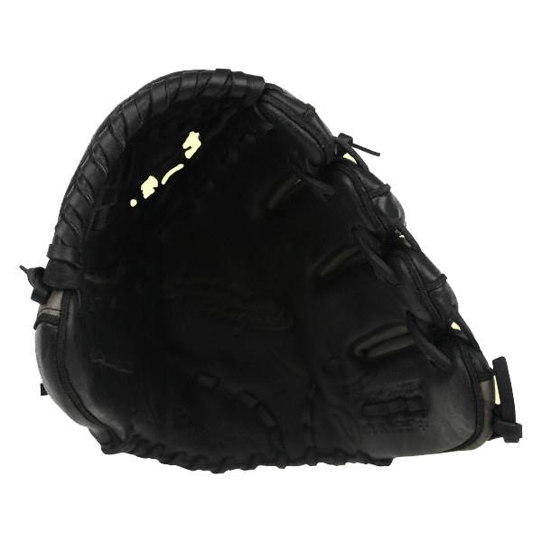 Top-down view of a black fastpitch glove with a deep pocket and reinforced finger stalls.