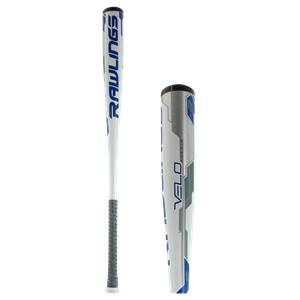 Side view of a white baseball bat with blue Rawlings branding and a gray grip.