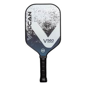 Front view of a black and white pickleball paddle with Vulcan branding and V560 Control text.
