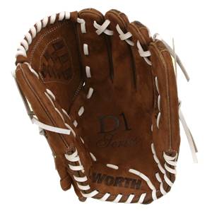 Top-down view of a brown baseball glove with white lacing and D1 Series and WORTH branding.