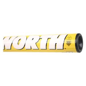 Side view of a yellow softball bat with white WORTH lettering and ASA certified logos.