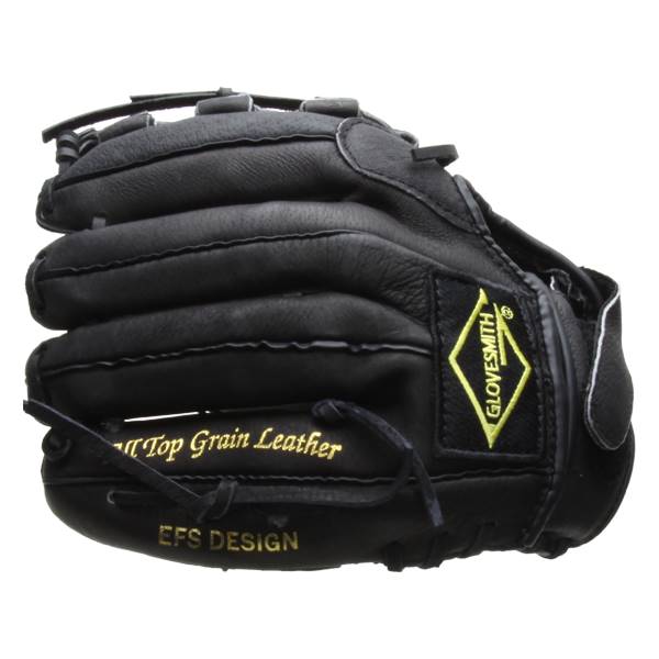 Side view of a black baseball glove with Top Grain Leather and EFS DESIGN text.