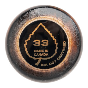 End view of a dark brown baseball bat with a gold leaf logo, 33, MADE IN CANADA, and INK DOT CERTIFIED text.