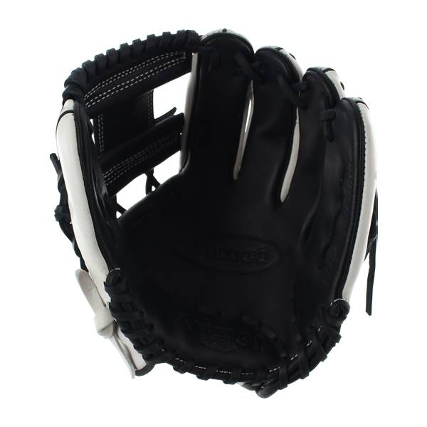 Top-down view of a black and white baseball glove with Vinci embossed on the palm and white stitching.