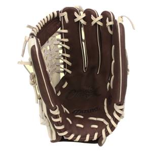 Front view of a brown and cream baseball glove with white lacing and embossed Classic and Mizuno text.