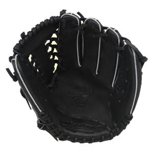Top-down view of a black baseball glove with white stitching and a bull logo.