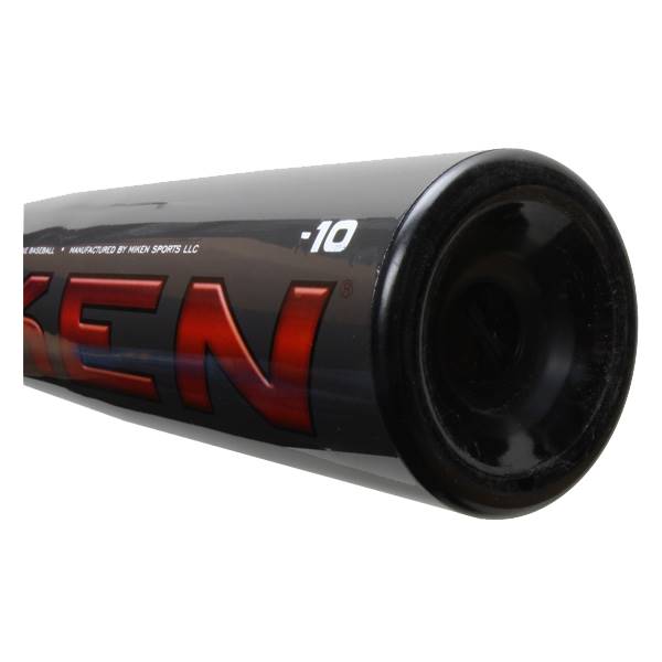 End view of a black baseball bat with red KEN lettering and -10 designation.