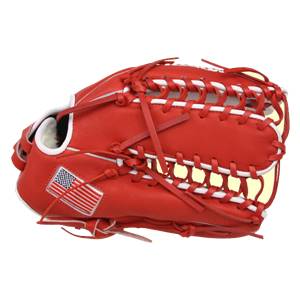 Side view of a red baseball glove with white lacing and an American flag patch.