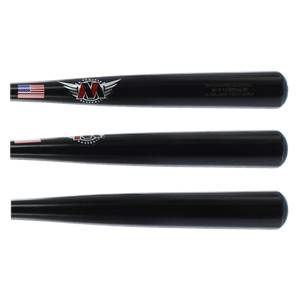 Side view of a black baseball bat with M^Powered logo and American flag detail.