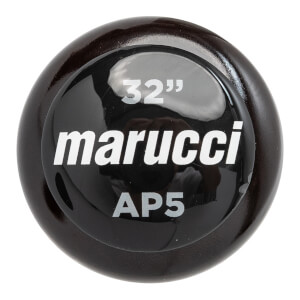 End view of a dark brown Marucci AP5 baseball bat with 32 and AP5 text.