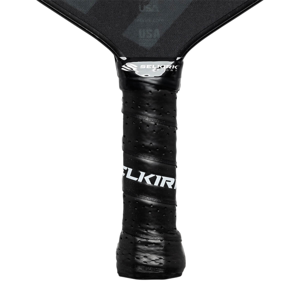Close-up of a black pickleball paddle grip with SELKIRK and USA visible.