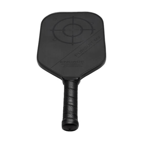 Front view of a black pickleball paddle with a target design, PURSUIT MX, and ENGAGE branding.