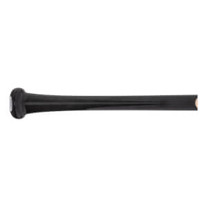 Side view of a black baseball bat with a rounded knob and wood grain visible at the end.
