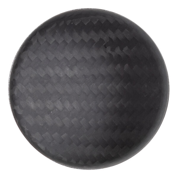 Top-down view of a black circular bat end cap with a woven carbon fiber texture.