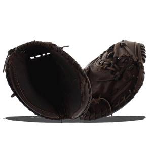 Interior view of a brown catchers mitt with stitched lacing and a deep pocket.