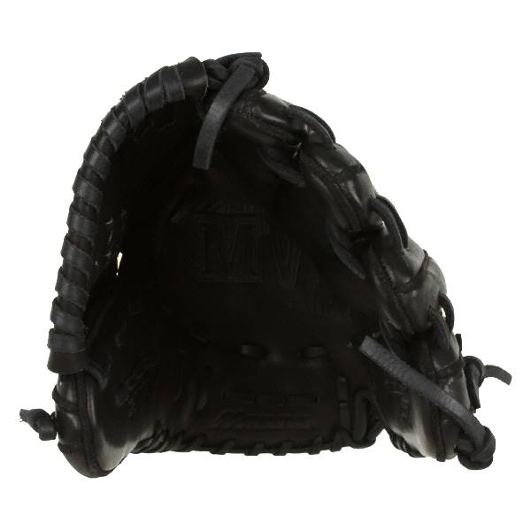 Interior view of a black baseball glove with M logo and lacing details.