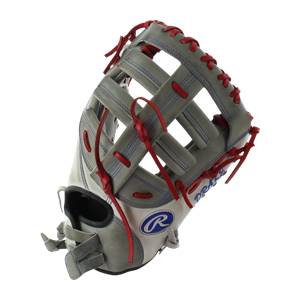 Front view of a gray and white baseball glove with red lacing and a Rawlings R logo.