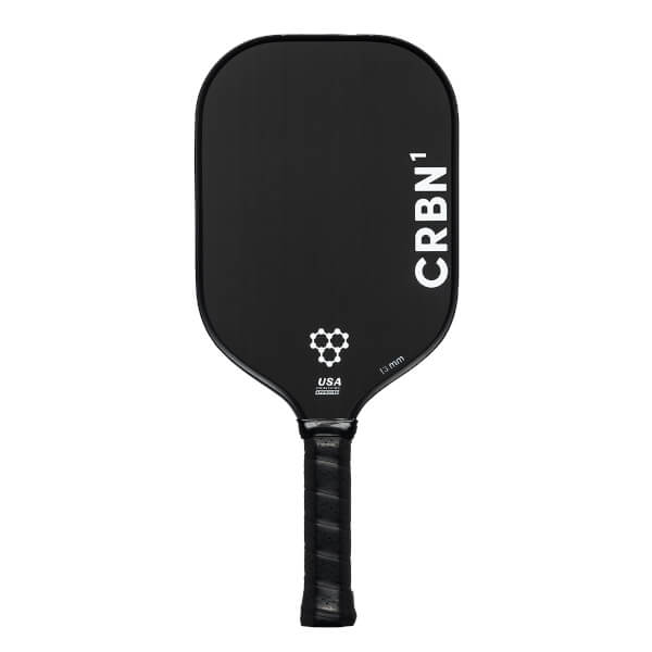 Front view of a black pickleball paddle with CRBN¹ branding, a honeycomb logo, and 13 mm text.