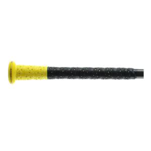 Side view of a black and yellow youth baseball bat with diamond-patterned yellow grip and perforated black grip.