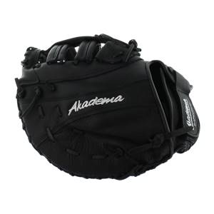 Side view of a black Akadema first base mitt with white embroidered logo and lacing.