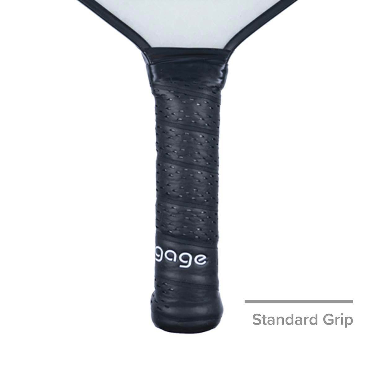 Close-up of a black pickleball paddle grip with white engage text and perforated texture.