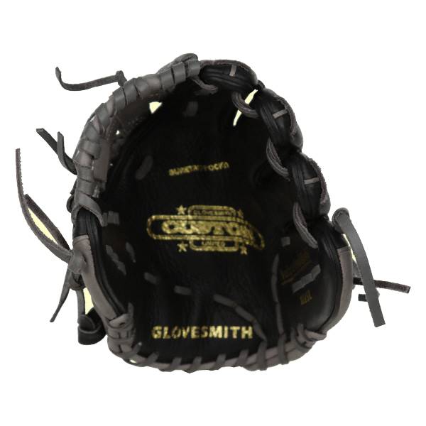Inside view of a black baseball glove with gold GLOVESMITH and CHAMPION branding.