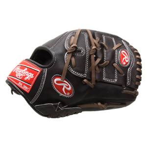 Side view of a brown Rawlings baseball glove with white stitching and red logos.