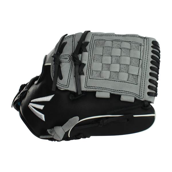 Side view of a black and gray Easton softball glove with a woven pocket and white Easton logo.