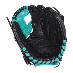 Top-down view of a black baseball glove with teal lacing and an A500 logo.