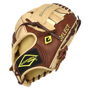 Top-down view of a brown and tan baseball glove with SELECT and GLOVESMITH branding.