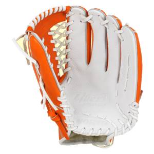Front view of an orange and white baseball glove with white lacing and Worth Liberty Advanced Series embossed on the palm.