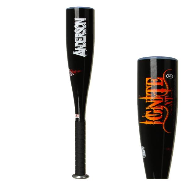 Front view of a black baseball bat with ANDERSON text and a black grip.