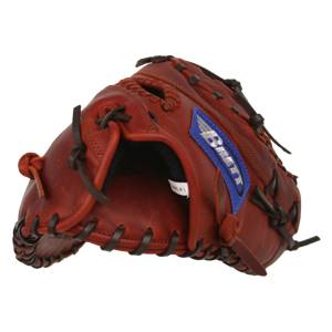 Side view of a brown baseball glove with a blue Brett logo and dark brown lacing.