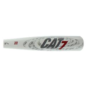 Side view of a white baseball bat with CAT 7 logo and m branding.