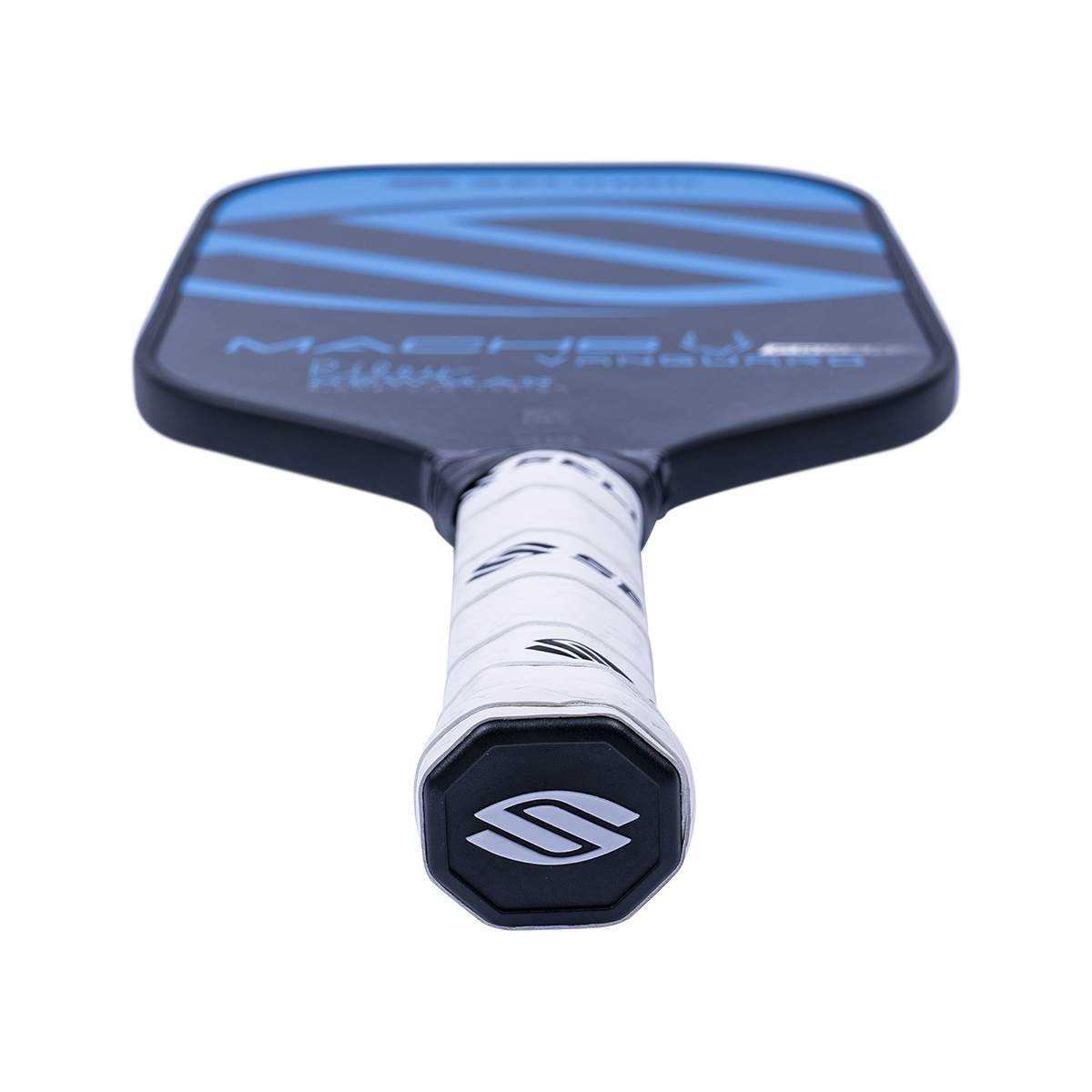 Top-down view of a black pickleball paddle with blue diagonal lines and white grip.