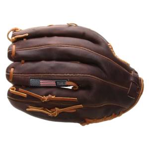 Side view of a brown baseball glove with an American flag patch and MADE IN AMERICA text.