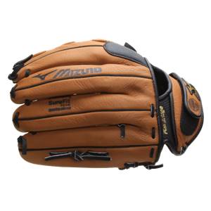Top-down view of a brown baseball glove with black accents, Mizuno logo, and SureFit Foam text.