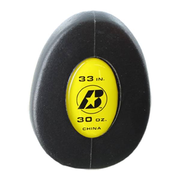 End view of a black baseball bat with a yellow oval label showing 33 in., 30 oz., CHINA, and a black B logo.
