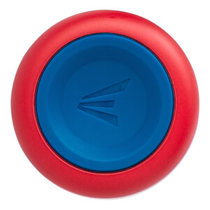 Top-down view of the bat’s circular end cap featuring a red outer ring and a blue center embossed with the Easton logo.