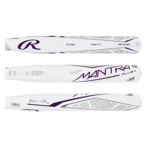 Top-down view of a white fastpitch softball bat with purple R logo, Mantra Plus+ -10, and Jocelyn Alo signature.