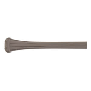 Side view of a gray baseball bat with a flared knob and grooved barrel.