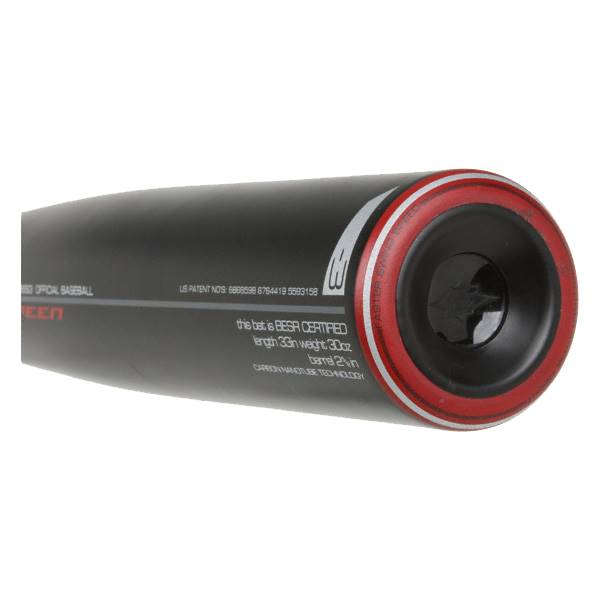 End view of a black baseball bat with red trim and BESR CERTIFIED text.