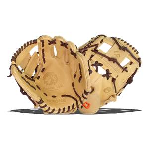 Top-down view of tan baseball gloves with dark brown lacing and Nokona branding.