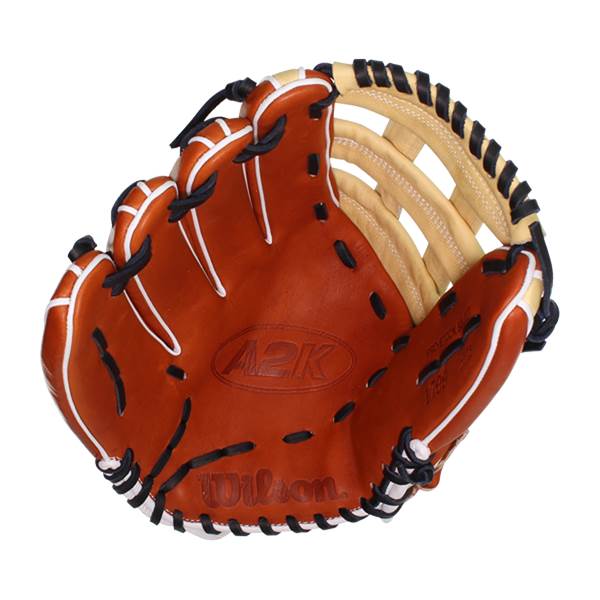Front view of a brown baseball glove with A2K and Wilson branding and white lacing.