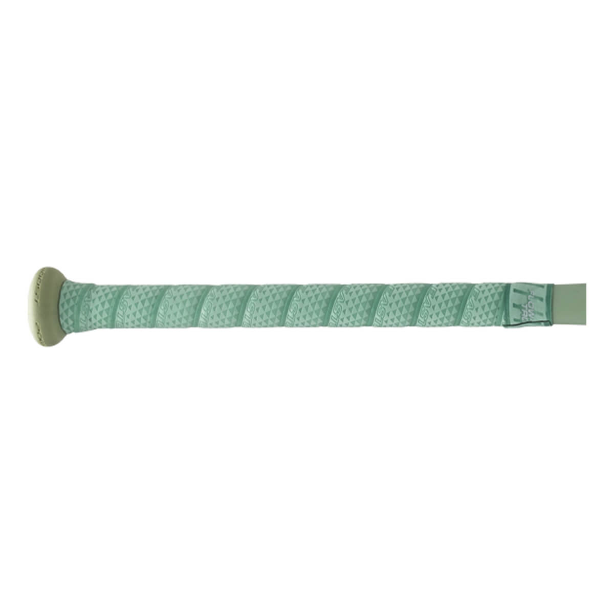 Horizontal view of a light green bat handle featuring textured grip tape with a triangular pattern and the words FLOW-TACK and EASTON visible on the surface.