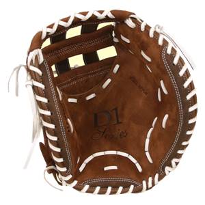 Inside view of a brown catchers mitt with white lacing and D1 Series branding.