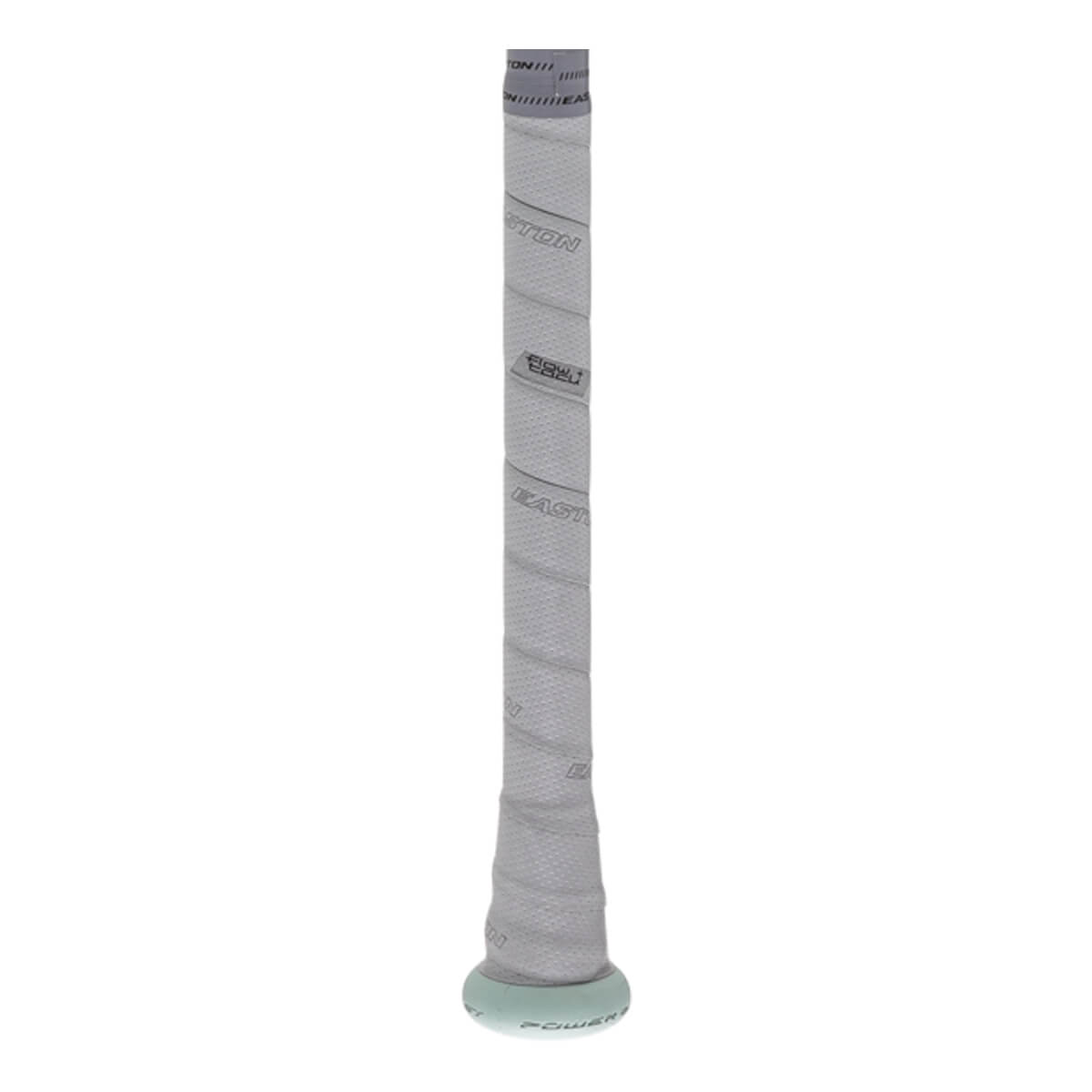 Close-up of a light grey baseball bat grip with spiral texture, EASTON and BBCOR text, and a light green knob.
