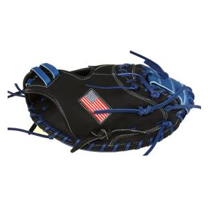 Top-down view of a black catchers mitt with blue lacing and an American flag patch.