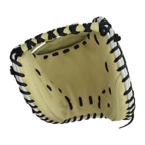 Top-down view of a tan catchers mitt with black lacing and a visible Magnolia Series logo.